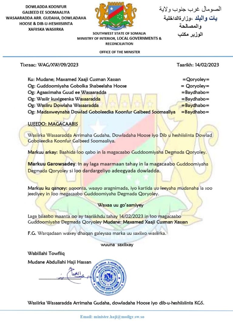 New Administration Appointed for Qoryoley District in Lower Shabelle Region by Minister of Interior,Local Governments and Reconciliation in Southwest State of Somalia