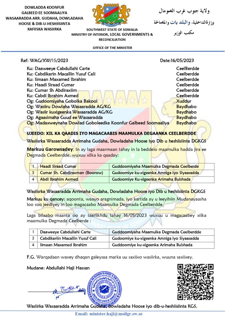 Dismissal and new official appointments in Ceel Berrde district